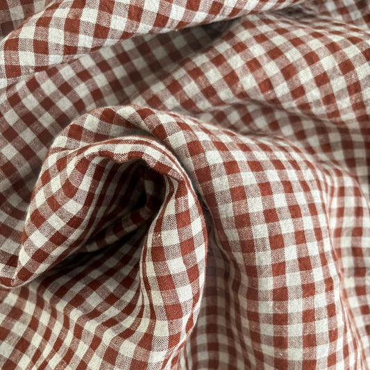 Close-up of brown and natural flax checkered fabric